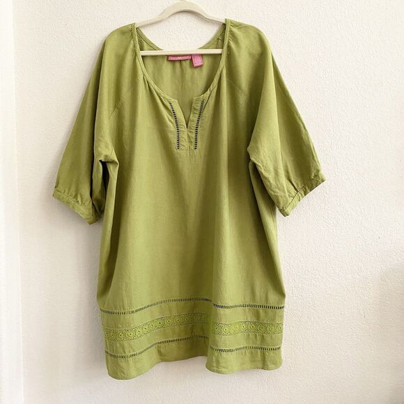 Woman Within Linen Blend Green Tunic Top Blouse Size 2X Crocheted Hem Pullover - Picture 4 of 10